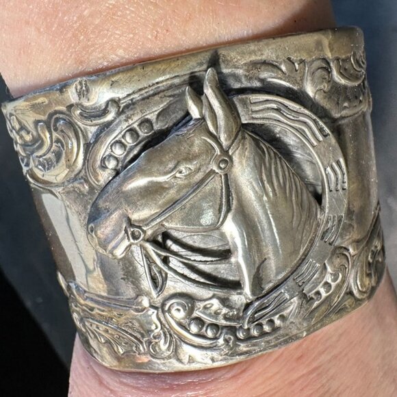 Horse Head Sterling Silver 925 Cuff Bracelet Victorian Baroque Equestrian